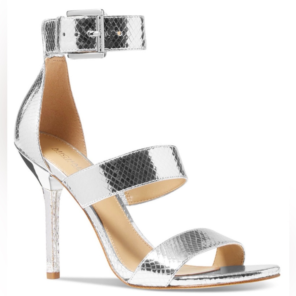 Michael Kors Amal Metallic Snake-Embossed Leather Sandals - Silver -NIB